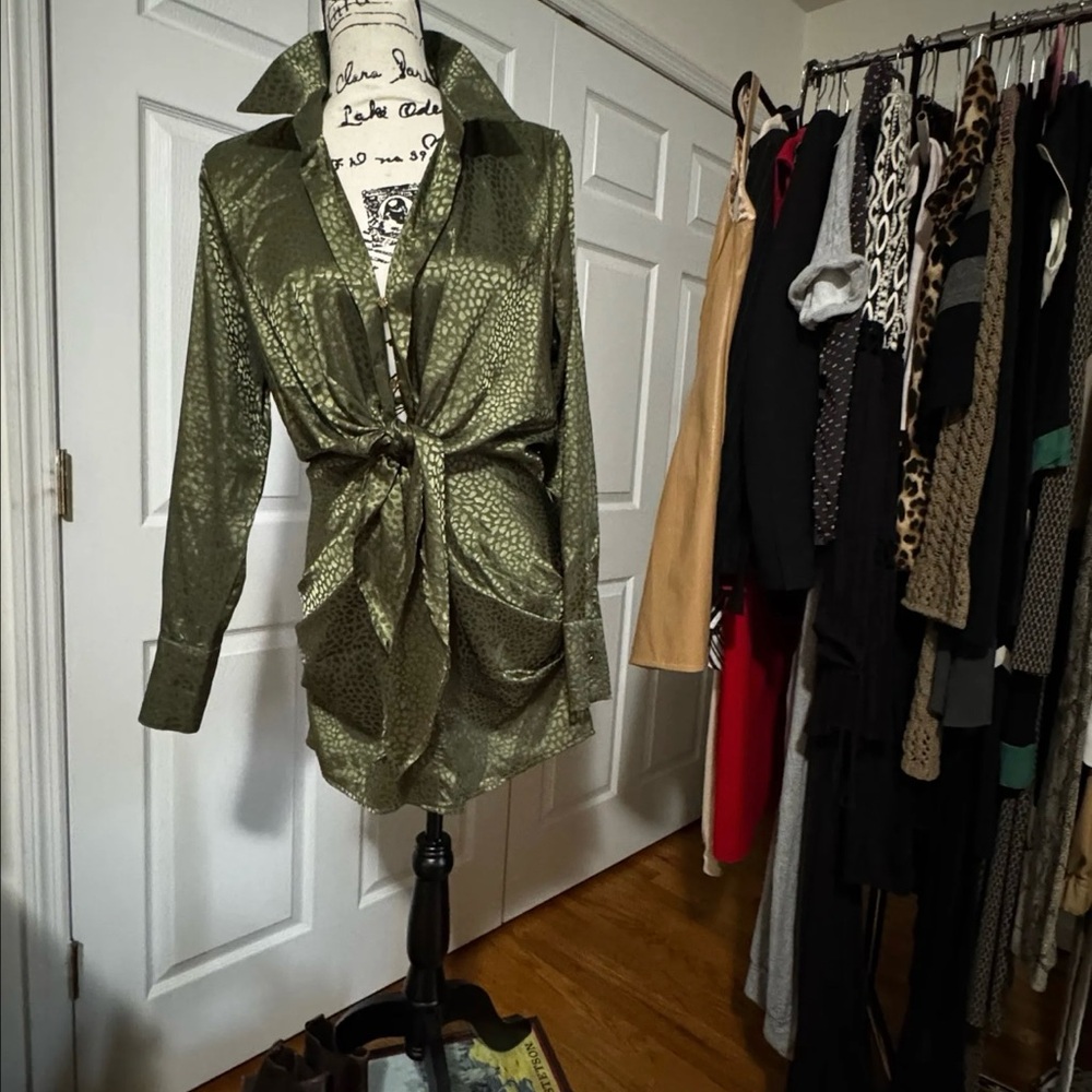 RUNAWAY Ruby Stone Dress Khaki Chic Olive Green Satin Shirt Dress